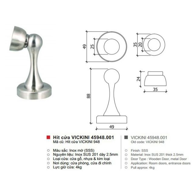 Hít Cửa Chống Đập INOX - Chặn Cửa Nam Châm VICKINI chất lượng