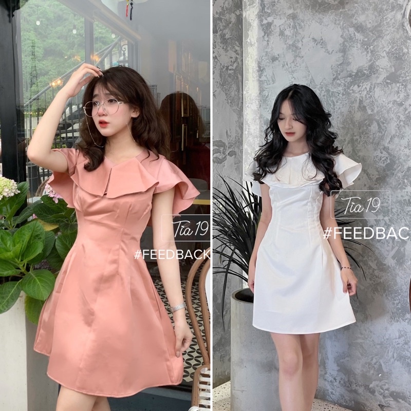 Váy cổ bèo dự tiệc cộc tay Tia19. Đầm dáng xoè dự tiệc trắng