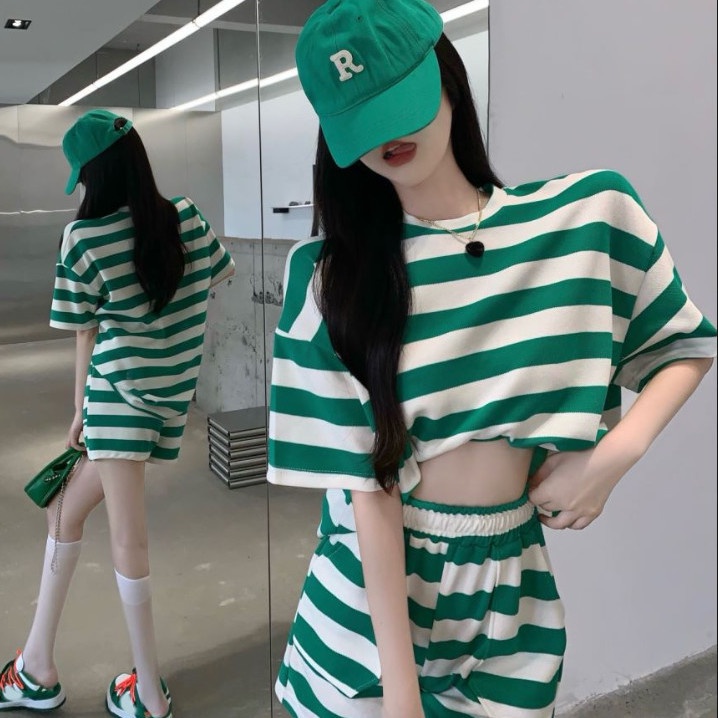 COZOK Set Đồ Thể Thao Ngắn Kẻ Sọc Màu Sắc Thời Trang Cho Nữ