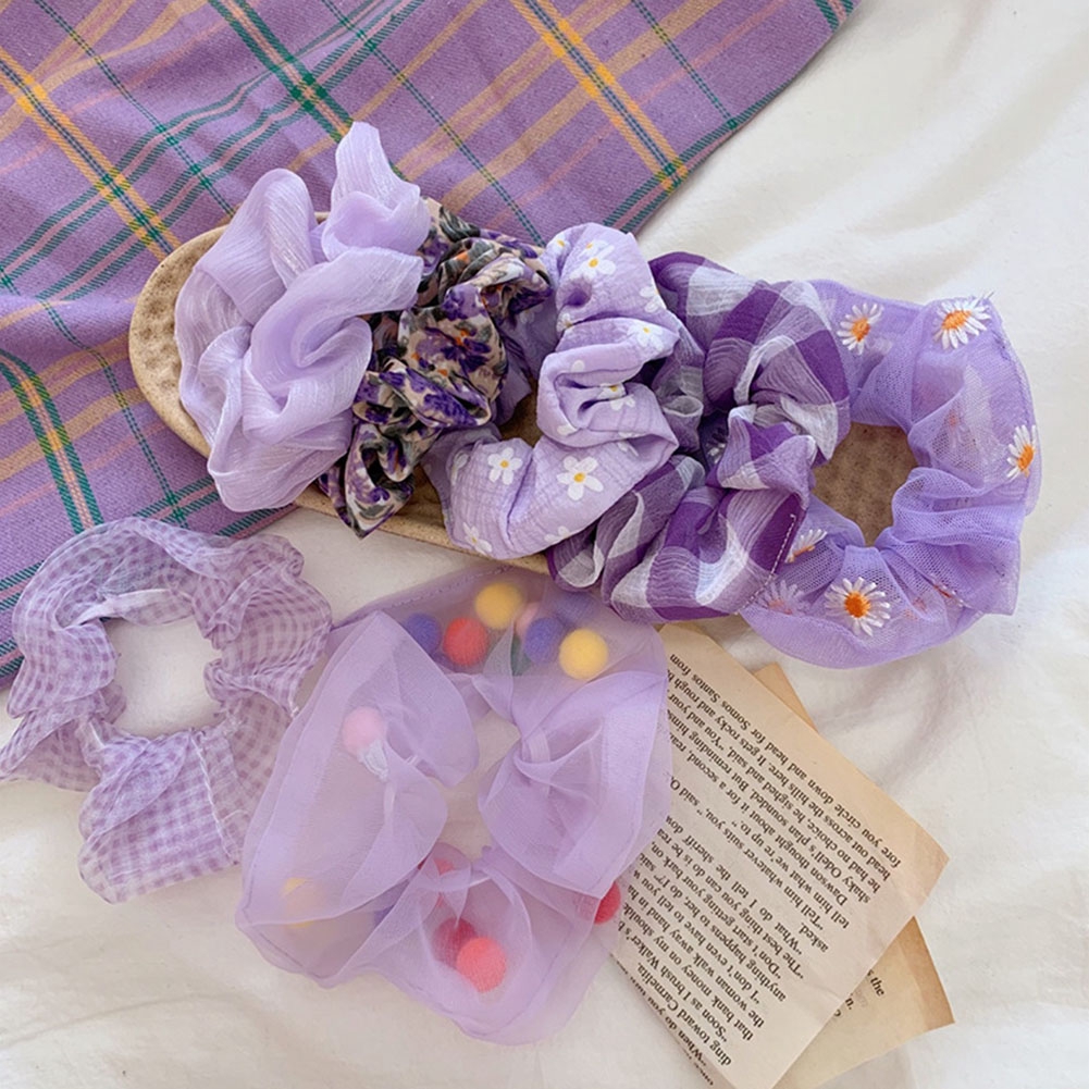 Dây Buộc Tóc Họa Tiết Hoa Cúc Màu Tím Co Giãn Tốt Xinh Xắn