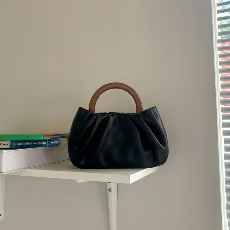 Túi xách tote mini mềm mại tay cầm gỗ xếp ly phối dây xích thời trang Hàn Quốc 2021 cho nữ