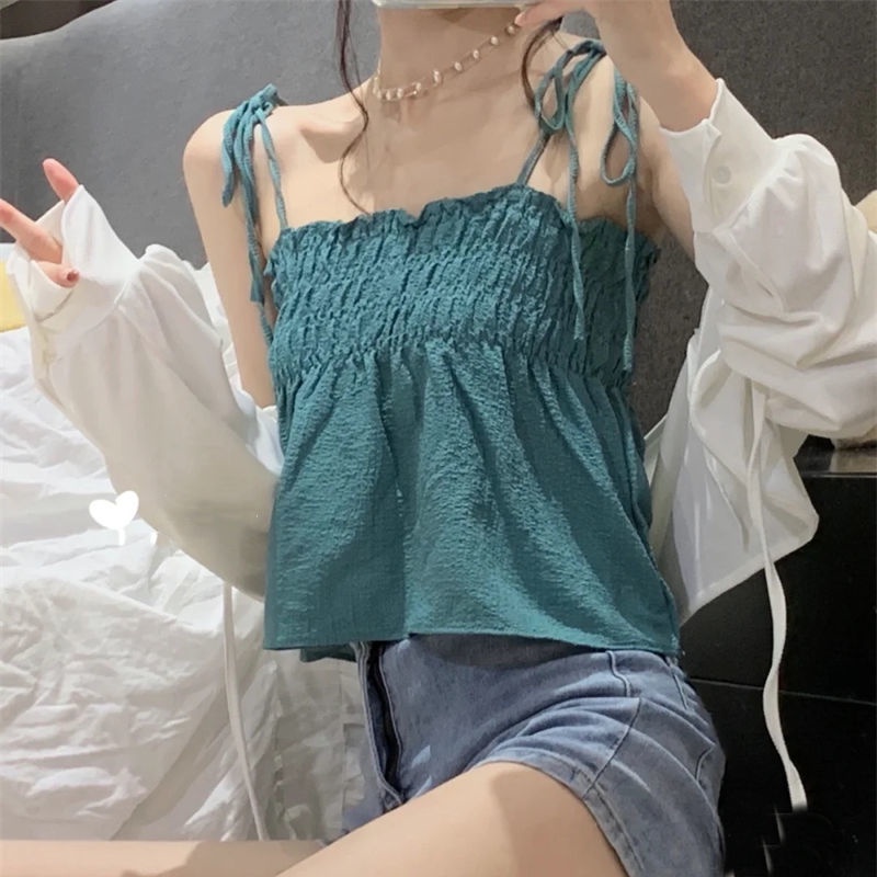 Áo hai dây Nữ Ngắn Mỏng Mùa Hè Gợi Cảm Kết Cấu Ẩn