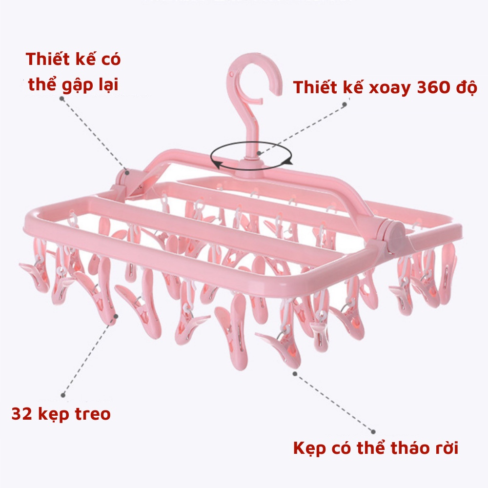 Móc treo quần áo 32 kẹp nhựa PP chắc chắn chịu lực tốt thiết kế xoay 360 độ cao cấp