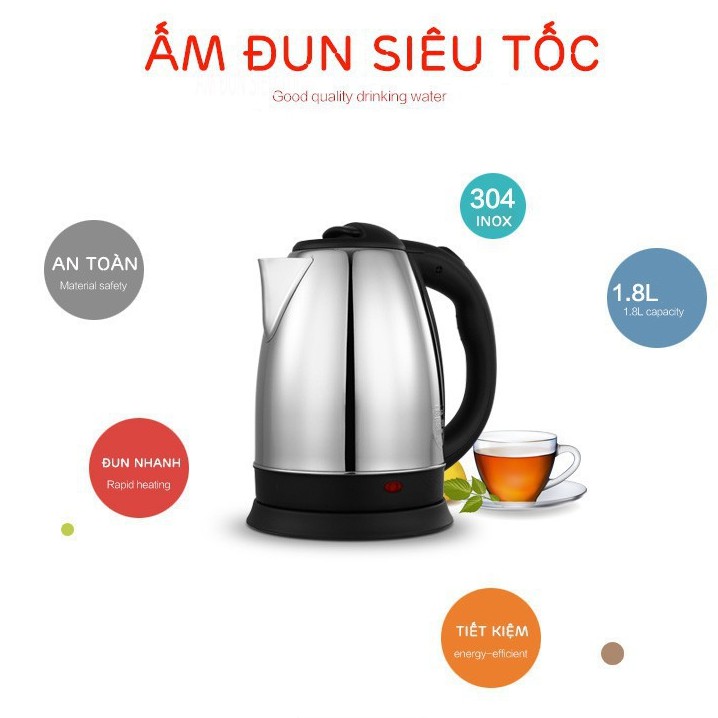 Ấm Đun Nước Siêu Tốc Chất Liệu Inox Cao Cấp Dung Tích 1,8L