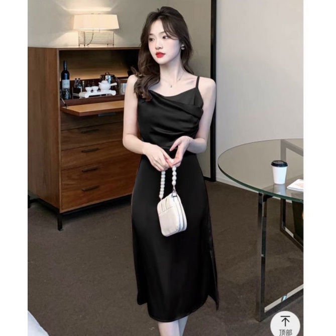 Đầm dáng xòe lụa 2 dây cổ đổ siêu xinh, váy maxi xẻ tà 1 bên tôn dáng - DTH