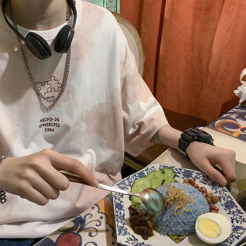 Áo Thun Tay Ngắn Cổ Tròn Form Rộng Nhuộm Màu Phong Cách Harajuku Cho Nam Size M-5Xl