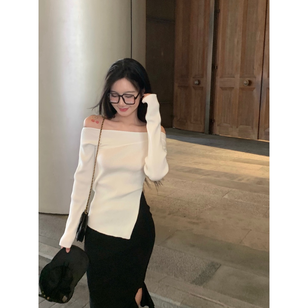 áo dệt kim trễ vai dài tay + chân váy ôm màu đen thời trang