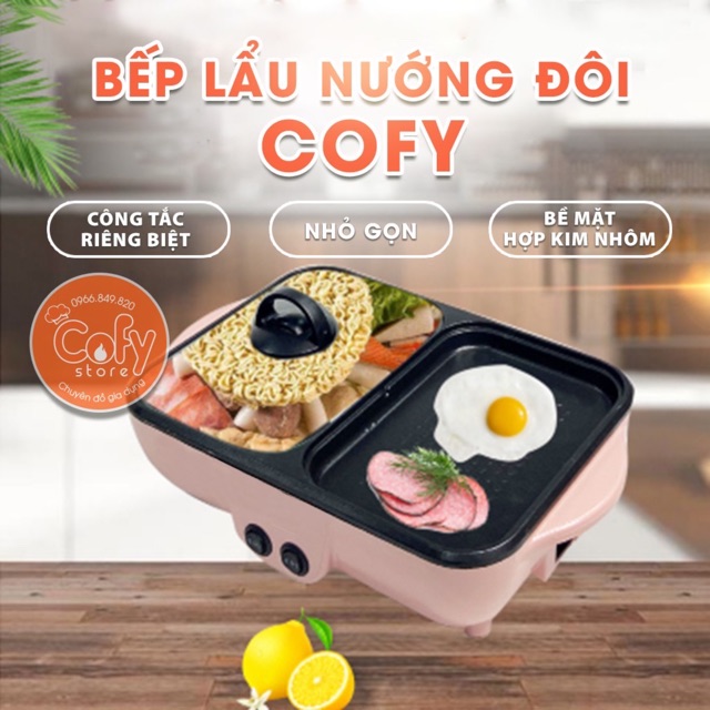 Bếp lẩu nướng 2 ngăn Hàn Quốc, Nồi lẩu 2 in 1 siêu chống dính đa năng