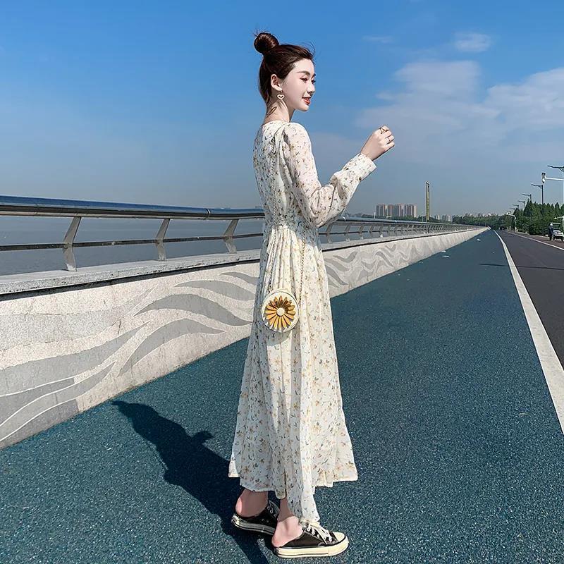 Đầm Chiffon Dài Tay Cổ Chữ V Eo Cao In Họa Tiết Hoa Ngọt Ngào Thời Trang Mới