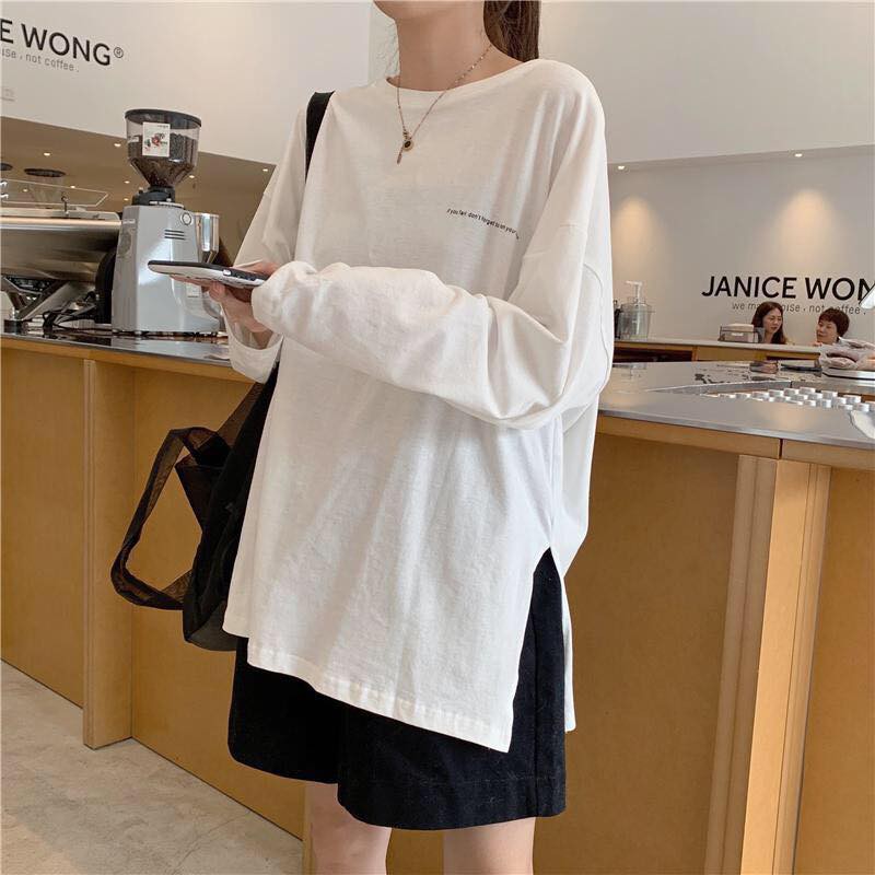 [ Có Ảnh Thật ] Áo thun tay dài nữ form rộng - Thêu chữ xẻ tà