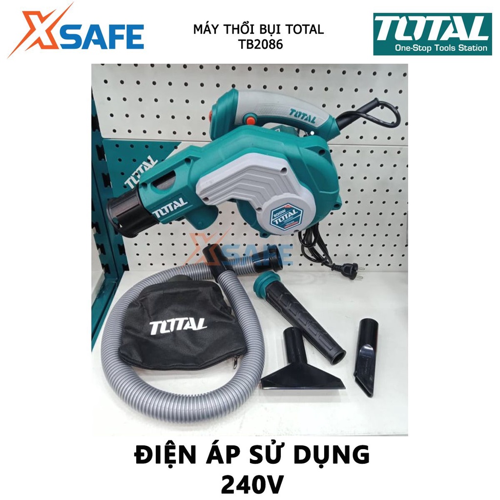 Máy thổi bụi TOTAL TB2086 Máy thổi công suất 800W, tốc độ không tải 0-15000rpm, kèm 1 túi chứa bụi, 1 ống và 2 vòi hút