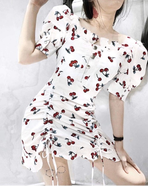 Đầm trắng france dress hoạ tiết cherry thiết kế độc lạ cột nơ lung và rút dây ở phần chân váy
