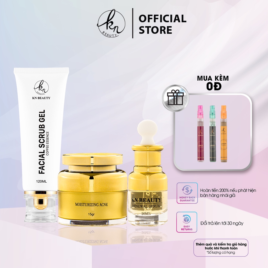 Combo 3 bước Ngừa mụn Trắng Da KN Beauty: Gel tẩy tế bào chết + serum + kem dưỡng tăng nước hoa mini