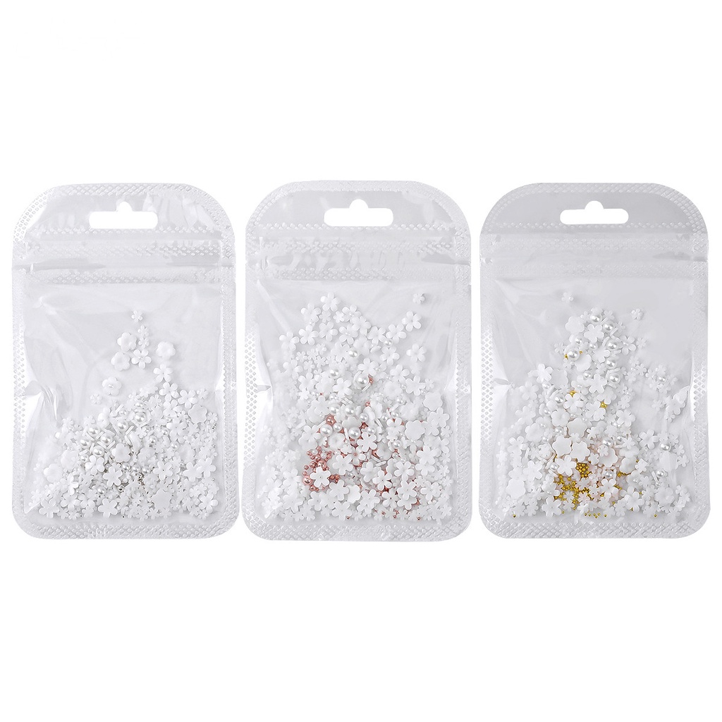 MONJA 1 Túi Hạt Cườm Hình Hoa Trắng 3D Bằng Thép Bạc / Ngọc Trai / Cánh Hoa Trang Trí Móng DIY