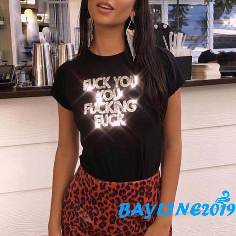 Áo thun lửng tay ngắn cổ tròn ôm dáng họa tiết chữ đính kim sa thời trang mùa hè dành cho nữ