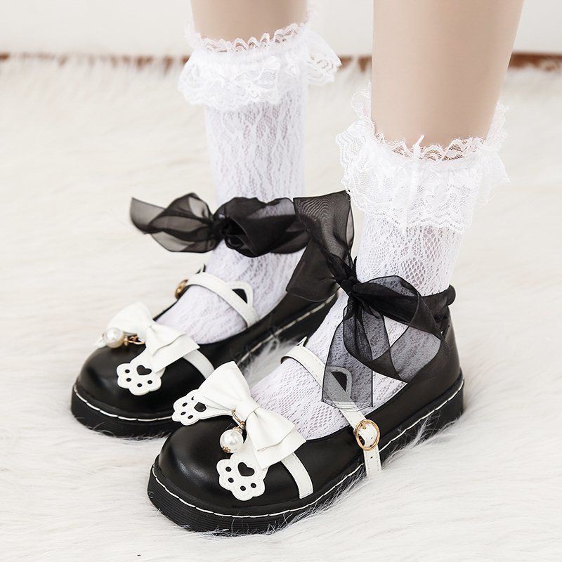 [Order] (1A) Giày búp bê Lolita tai mèo thắt nơ loại đẹp màu trắng - đen