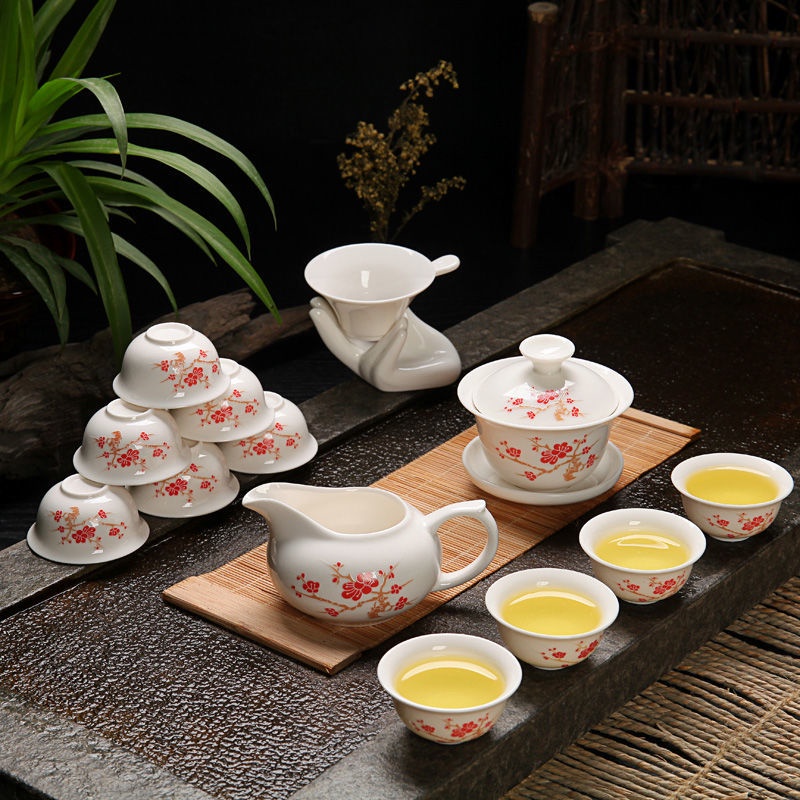 Bộ Ấm Chén Uống Trà Bằng Sứ Màu Trắng Có Nắp Đậy Tiện Dụng