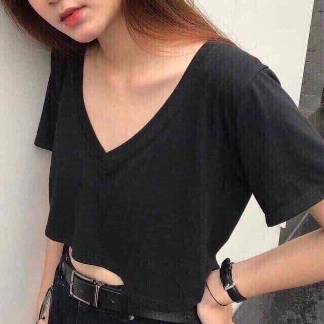 Áo croptop trơn cổ tim nhiều màu (có anh thật )