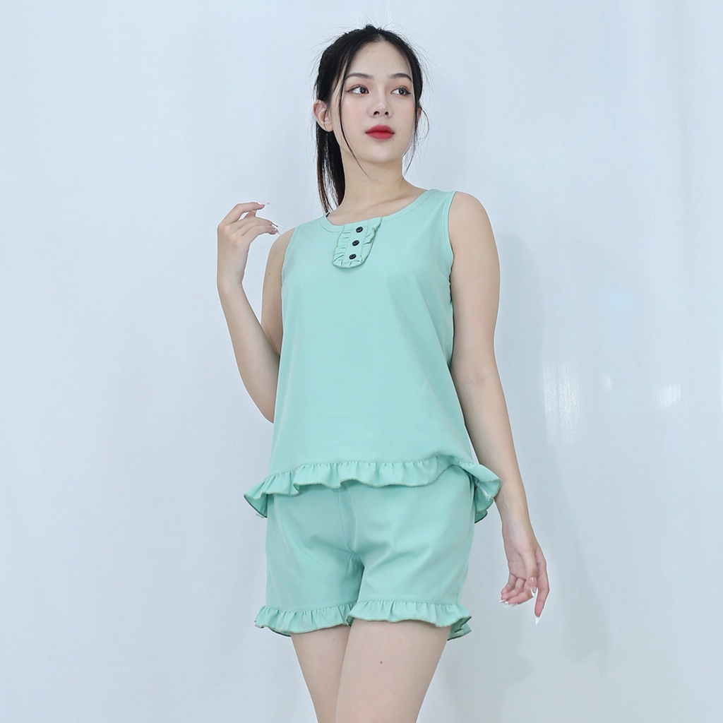[HÌNH THẬT 100%]  Bộ đồ bộ ngắn  SÁT NÁCH BÈO XANH ĐẬU NÚT ĐEN  - vải lụa ao cấp  - Mềm mại nhẹ