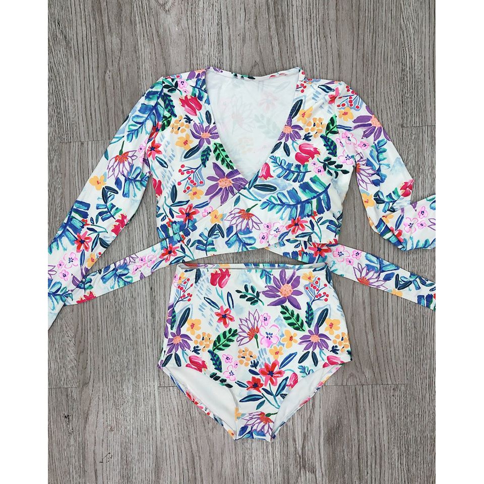 Bikini áo tắm 2 mảnh dài tay buộc dây lưng họa tiết (Ảnh thật) | BigBuy360 - bigbuy360.vn