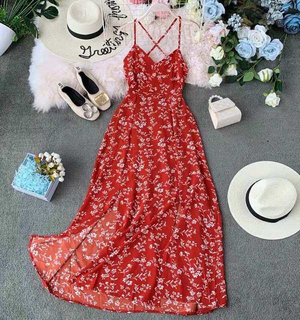 Váy maxi hoa nhí 2 dây hở lưng đan chéo dây lưng chun xẻ tà chất mát siêu sexy đi biển