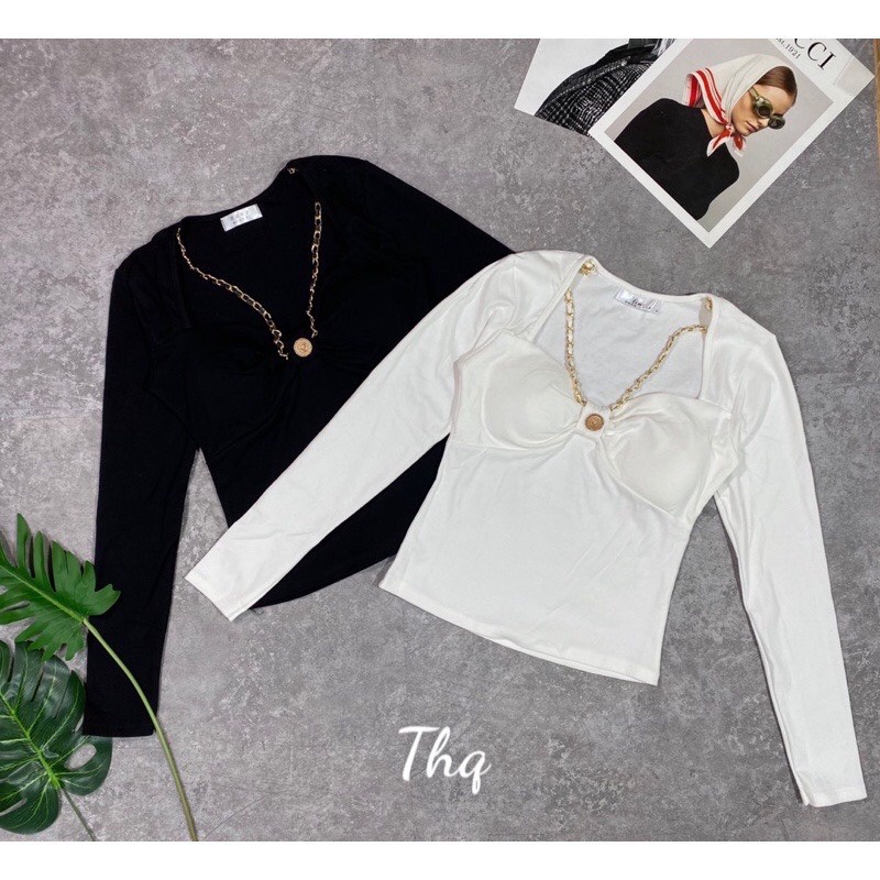 Áo croptop nữ tay dài phối xích có mút ngực Áo croptop nơ ngực kèm dây xích A791