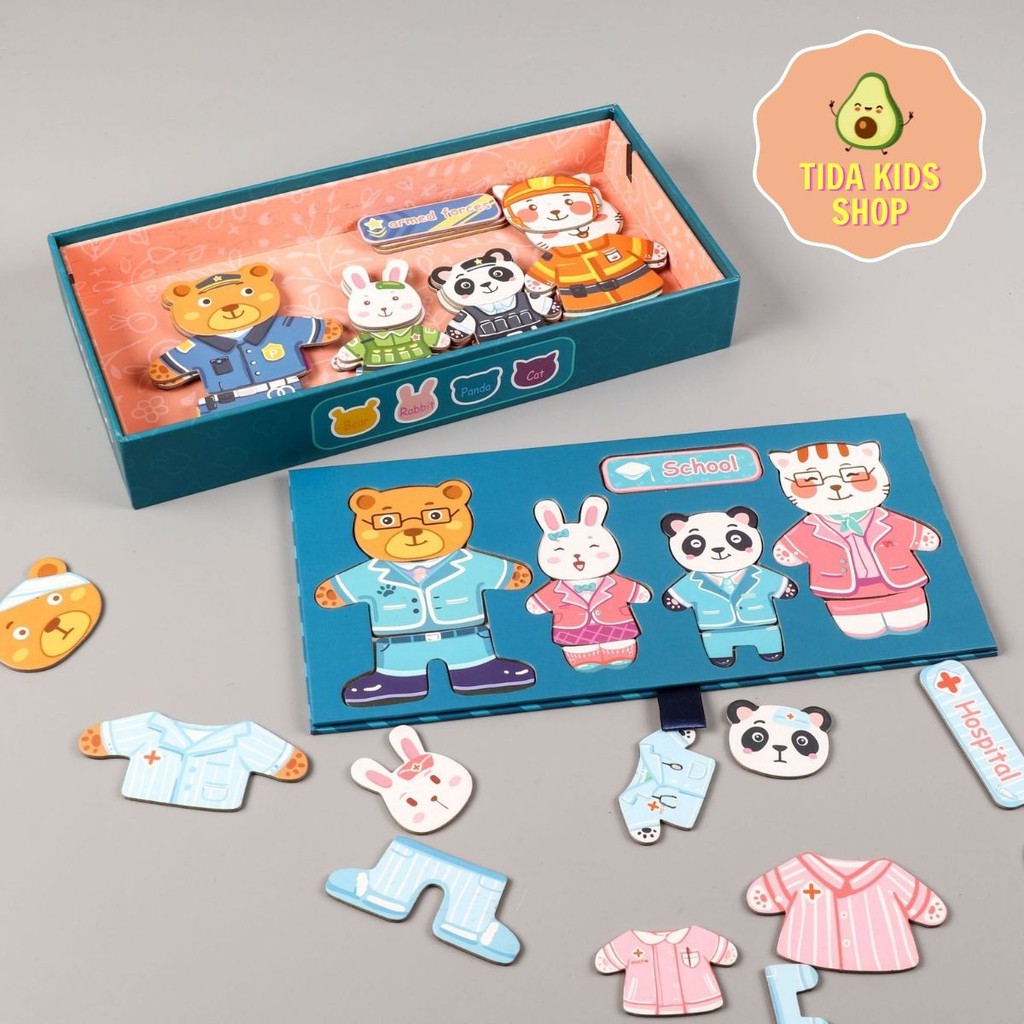 Đồ Chơi Gỗ TIDA KIDS SHOP, Đồ Chơi Thông Minh Thay Áo Cho Gấu, Thỏ, Mèo Cho Bé, Có Nam Châm, Bảng Trắng Giá Tốt