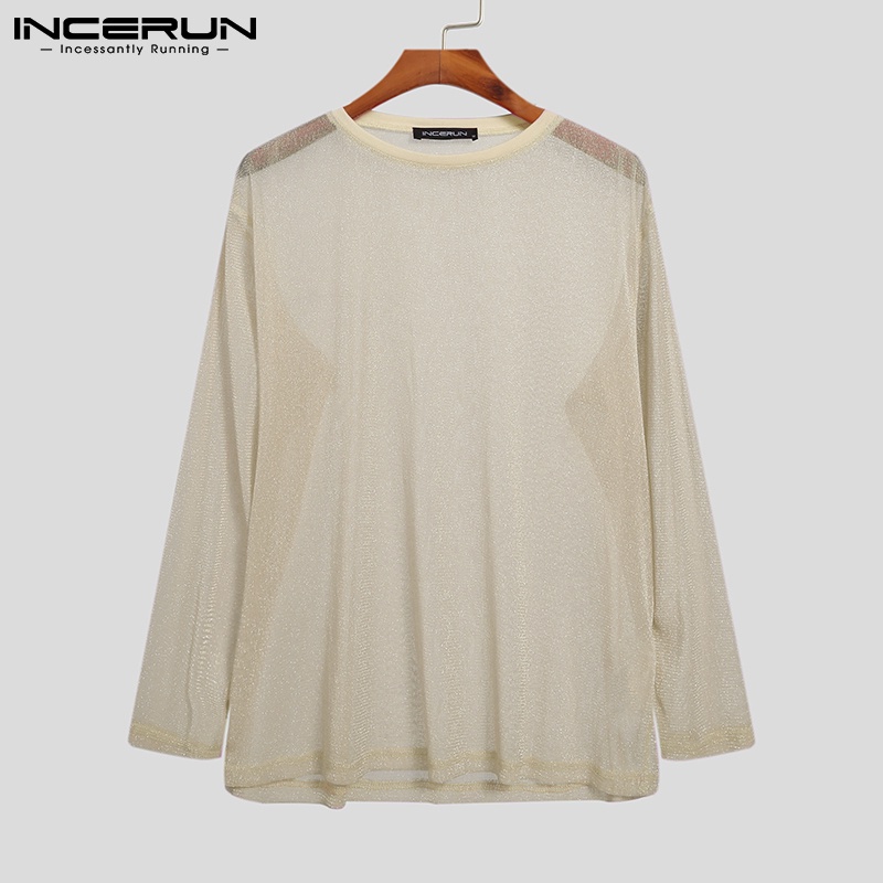 Áo thun INCERUN vải lưới mỏng xuyên thấu tay dài cổ tròn dáng rộng thời trang mùa hè cho nam