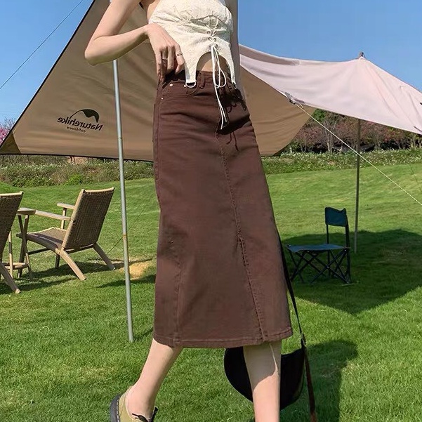 Chân váy jean dài KABICO cạp cao dáng dài qua gối, chân váy bò kaki dài phong cách ulzzang A7