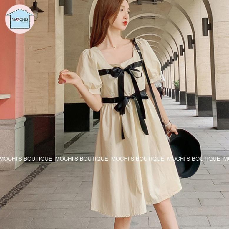 Váy đầm nữ dáng suông rộng, mẫu váy babydoll cổ vuông tay bồng điểm nhấn nơ điệu đà, nữ tính che khuyết điểm - M061 ❣️