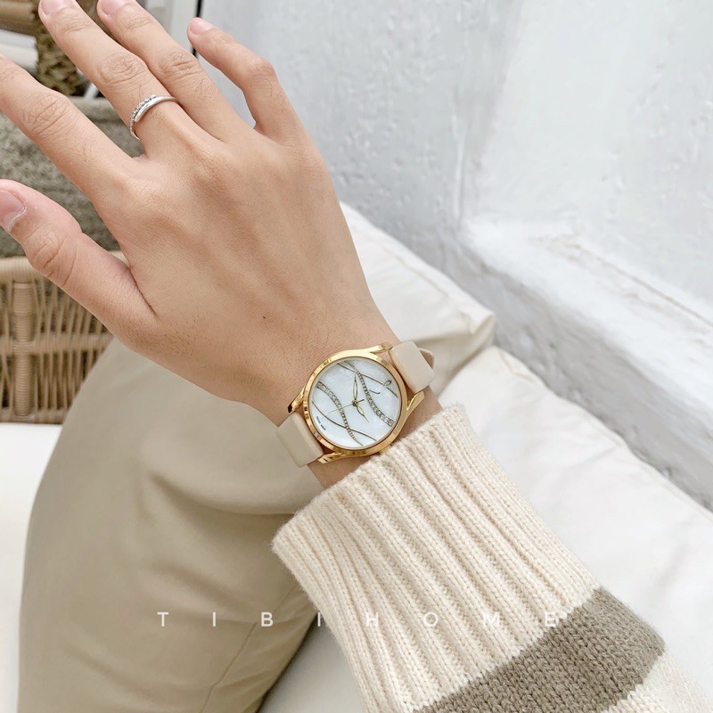 Đồng hồ dây da nữ T-Wave mặt trắng viền vàng dây màu kem