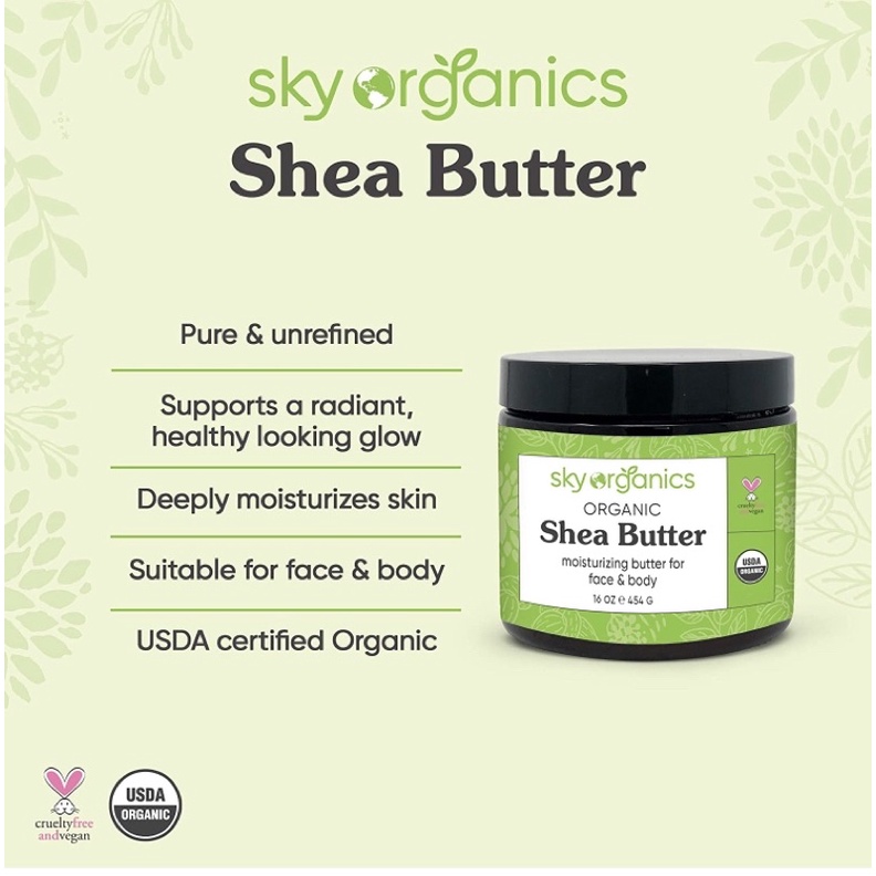 Bơ Shea Butter Organic 100% nguyên chất Sky Orgaincs 454g USA