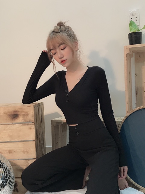 Áo Croptop Tay Dài Thun Gân Cổ Tim Hh Vintage [ ẢNH THẬT 100% ]