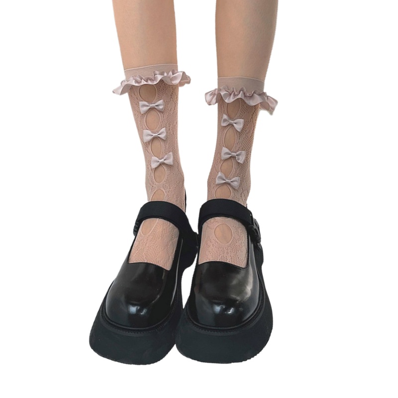 Tất Lửng Vải Satin Viền Ren Đính Nơ Phong Cách Lolita Hàn Quốc