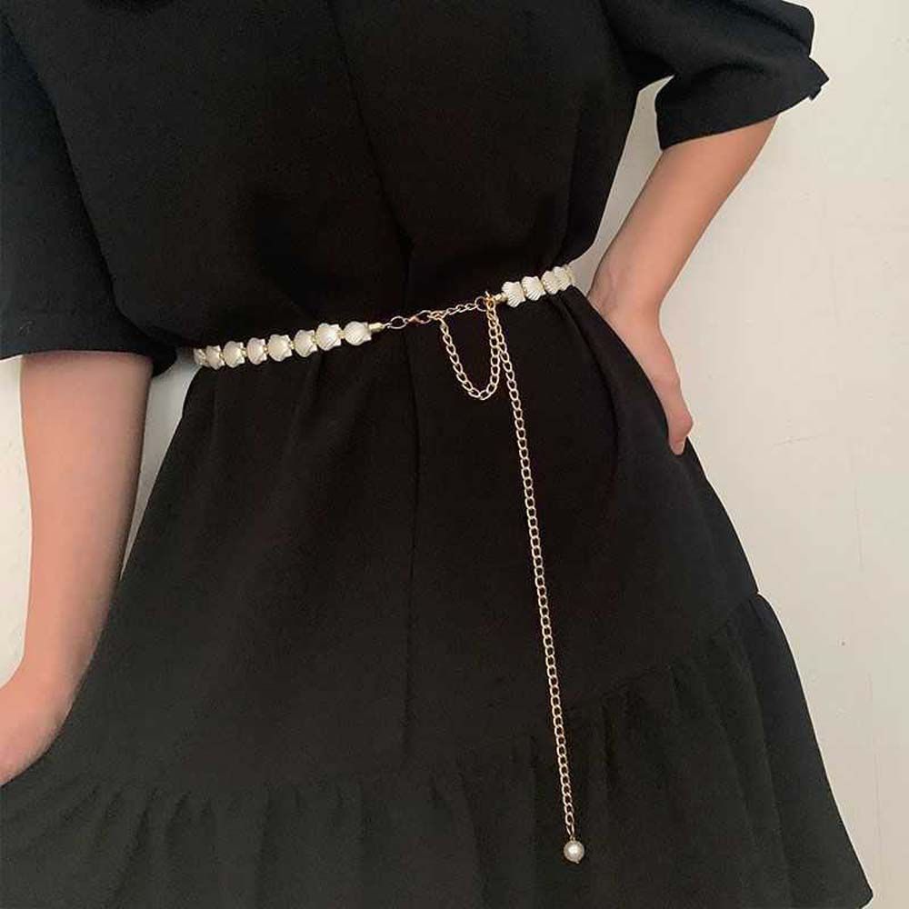 Dây thắt lưng mỏng đính hạt ngọc trai phối tua rua thời trang Hàn Quốc dành cho nữ