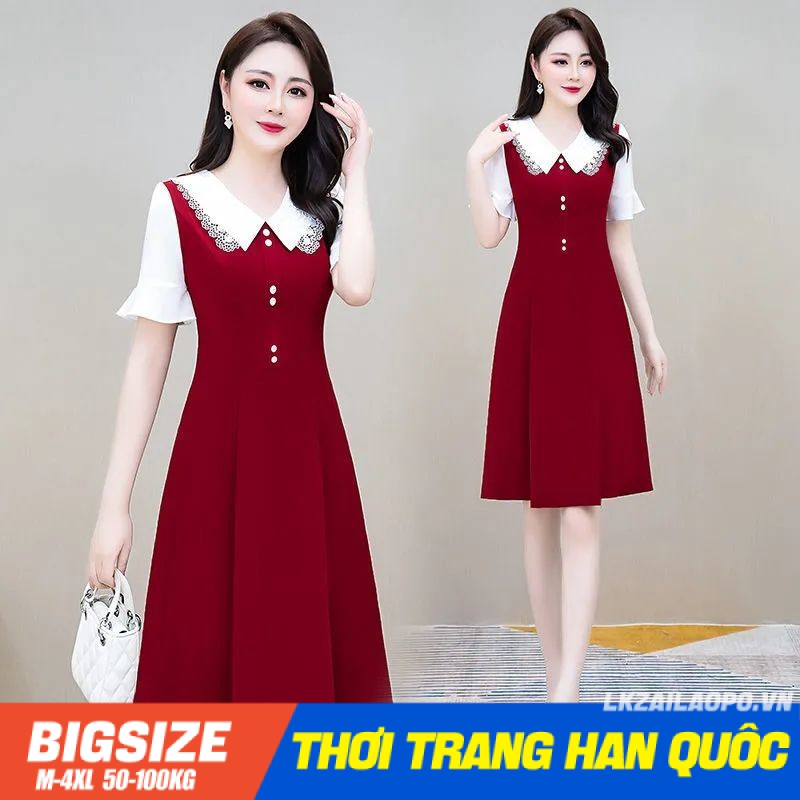Đầm trung niên Bigsize Váy trung niên cho mẹ dáng ôm tay ngắn có cổ che bụng mỡ ôm eo mùa hè Phong cách Hàn Quốc Thời Trang tiểu thư cá tính xinh đẹp cho người mập béo