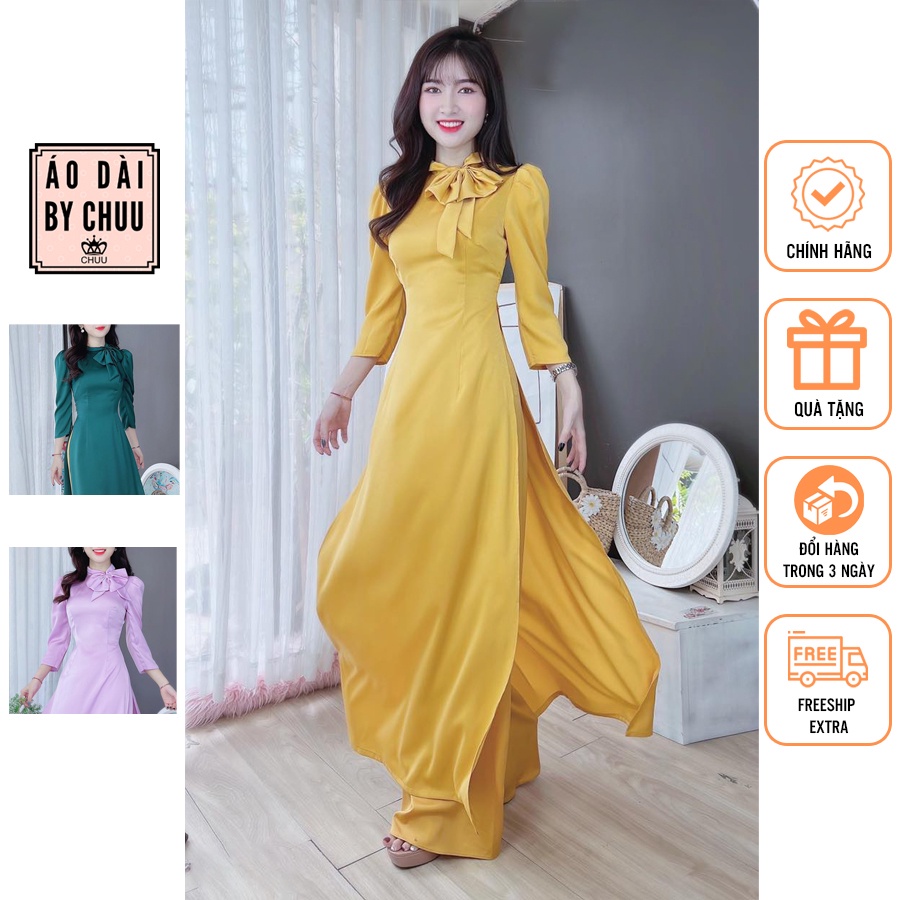 Áo dài cách tân nữ lụa ánh nhung cổ đính nơ không kèm quần CHUU AD8017