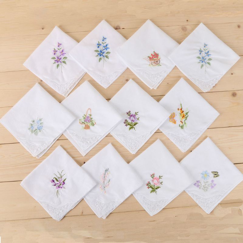 Set 3 khăn tay cotton hình vuông màu trắng thêu ren hoa cho nữ giao màu ngẫu nhiên