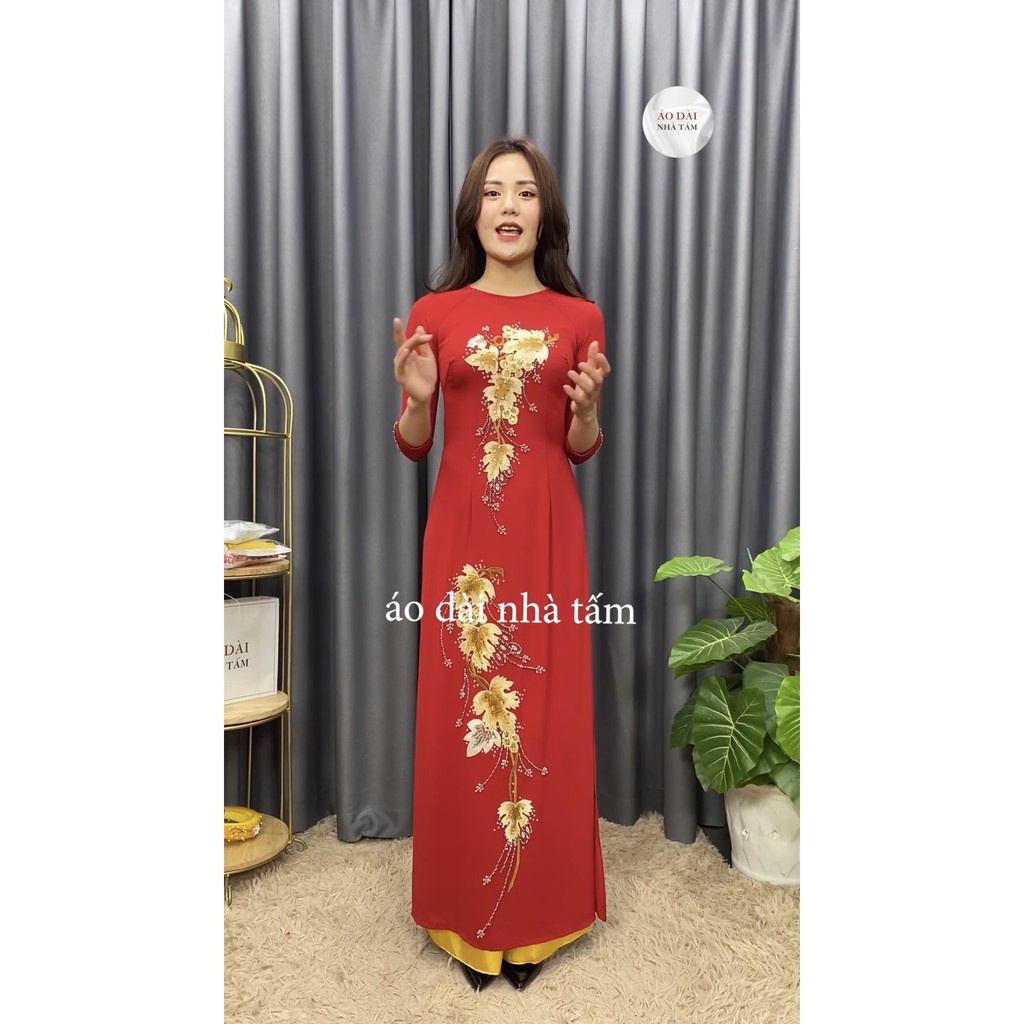 ♠◘Áo Dài Chất Tằm 2 Tà Thêu Hoa Đính Pha Lê Màu Đỏ, Aó Nhà Tấm - Mã CT22