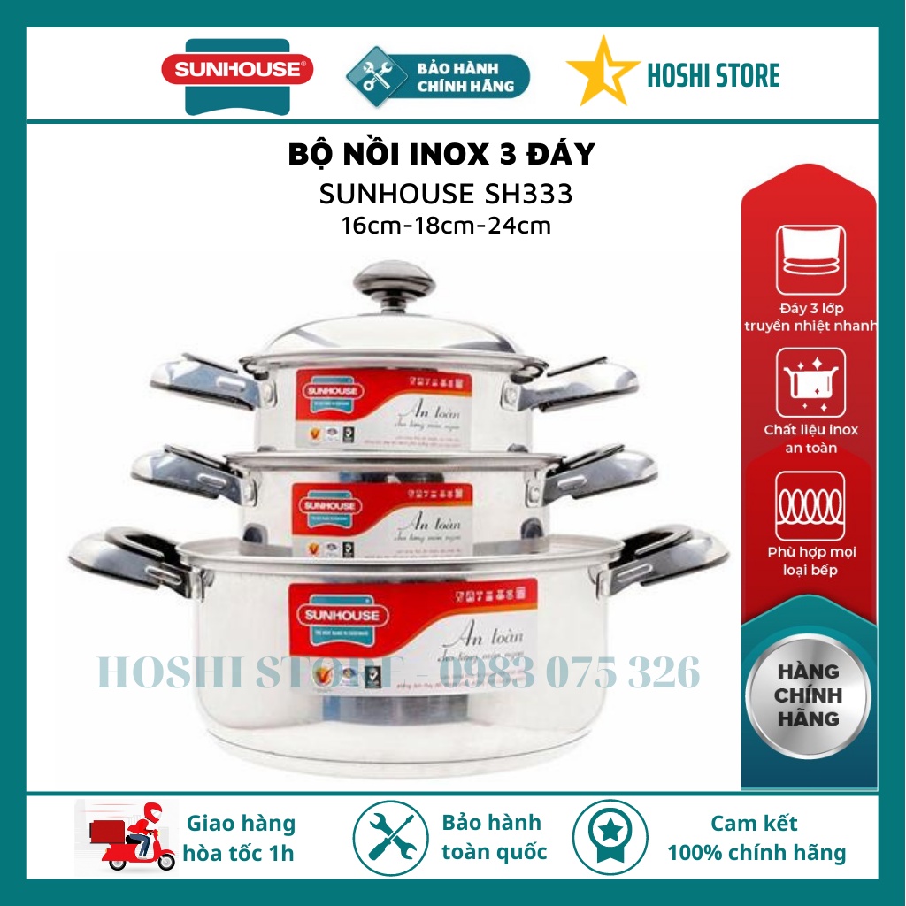 Bộ nồi inox 3 đáy Sunhouse SH33 dùng cho mọi loại bếp