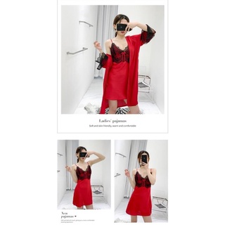 Set Đồ ngủ Lụa 2 dây kèm Áo choàng lụa Ren viền V