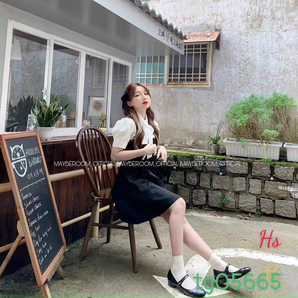 Set bộ đồ nữ CARY, áo sơ mi cột nơ kèm yếm siêu xinh