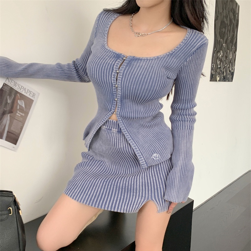 Bộ Áo Cardigan Dệt Kim Dài Tay Phối Chân Váy Ngắn Thời Trang Mùa Thu Thanh Lịch