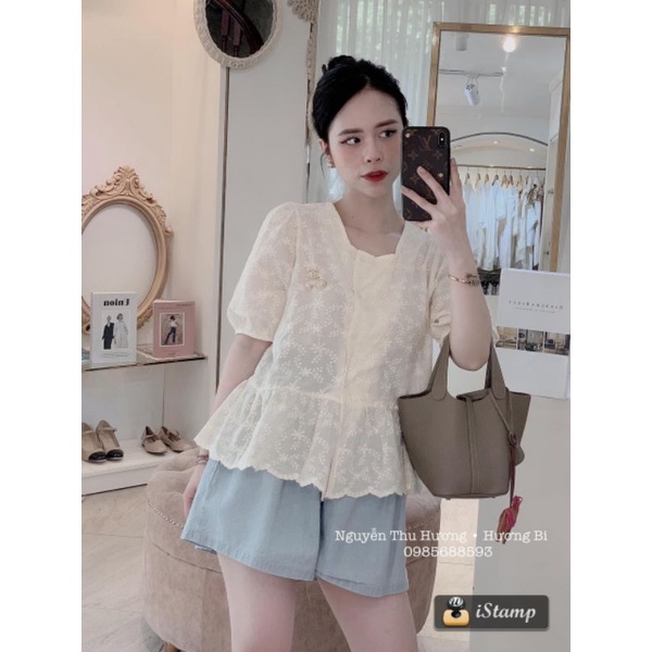 Set áo quần ngắn hoa ren cổ vuông trắng xanh cạp cao co giãn 4c đi chơi dạo biển du lịch làm học bầu sau sinh mặc nhà
