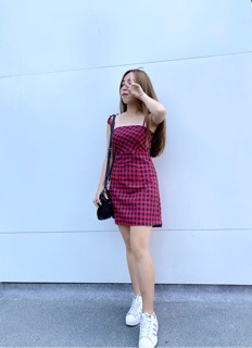 Đầm caro cột hai dây nơ