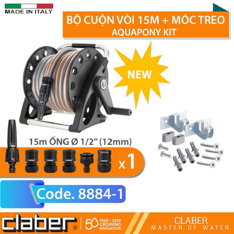 Combo Bộ Dây Và Vòi Tưới Cây  Claber 15m Aquapony Kit 8884 và móc treo tường kim loại, phi ống 12mm