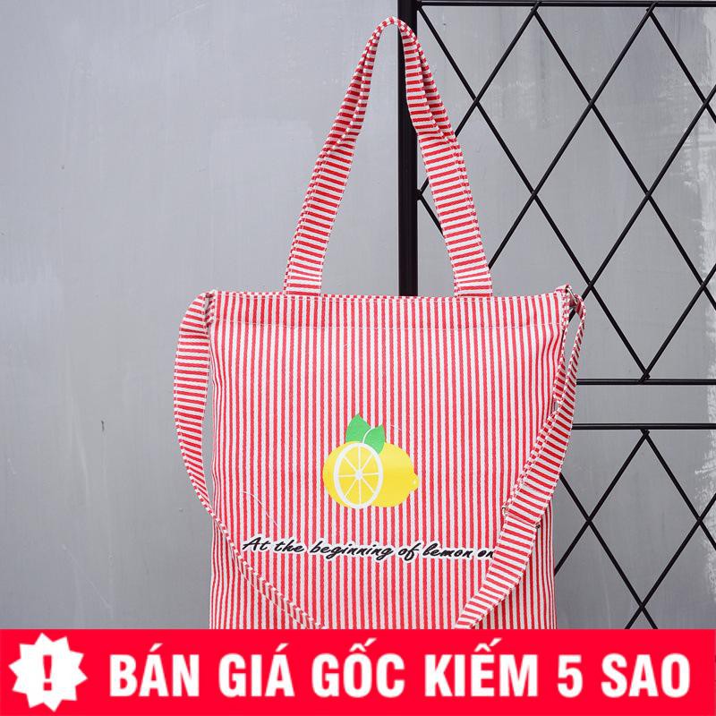 Túi Vải Tote Kẻ Sọc Trái Chanh Có Dây Đeo P914