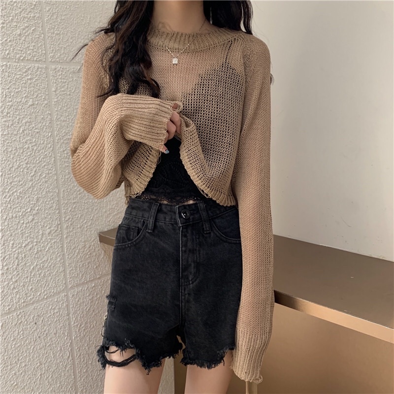 (KHÔNG KÈM BRA) Áo Croptop Dệt Kim Tay Dài Dáng Rộng Thiết Kế Rách Thời Trang - L07- Order Quảng Châu