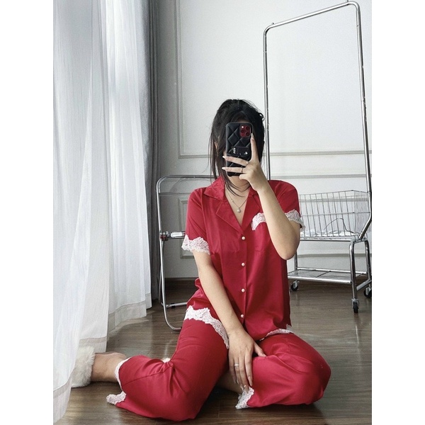 Xả hàng dọn kho - Bộ pijama lụa pha ren cao cấp hàng QC full box