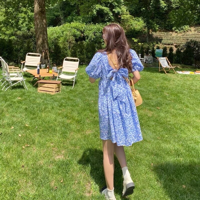 Váy hoa babydoll, đầm babydoll hoa nhí kiểu dáng ullazang phong cách hàn quốc, buộc nơ sau